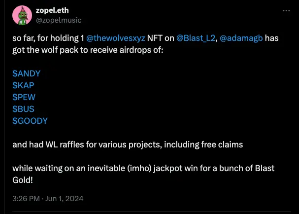 are you on Blast L2? and do you hold an NFT from the wolves? 👀

I've won a WL raffle for a free claim, and received 5 airdrops so far, one of which ($PEW) won additional Blast Gold in their jackpot

talk about a flywheel ecosystem of various projects building and supporting each other, while hooking up their communities, eh?

airdrop after airdrop after airdrop, all leading up to the actual big airdrop of $BLAST in a short few weeks 🔥