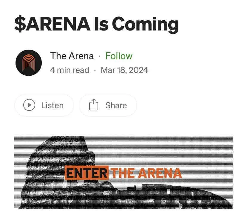 Incase you have not tried it yet, now is a great opportunity to farm some future $ARENA coin. 

Right now The Arena is still running their March Madness event where all points earned on transactions are 2X. 

You can read the details about the upcoming $ARENA token here. https://medium.com/@TheArena_App/arena-is-coming-22fa6f6ee010

Come sharpen your profile trading skills here and make some new friends in the SocialFi game while we wait for $FOCUS to launch. Then bring them over to DeSo 💙

Sig...