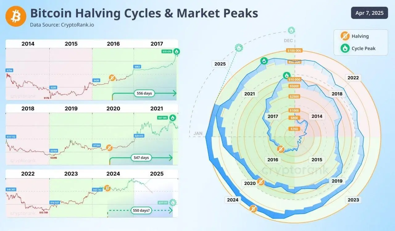 **📈** 💰 #BTC** CryptoRank: This cycle’s ATH might hit in October 2025**

If Bitcoin follows its usual pattern, a bull run could still play out. Previous cycles show peaks ~550 days after halving — right on track. But with limited history, nothing is guaranteed. Patterns rhyme, not repeat.

💰 t.me/Bitcoin_Insights 😎
