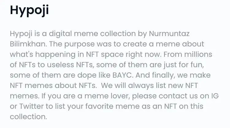 NFT list Contest 💎 

Now you can list your favorite meme as an NFT on HYPOJI NFT collection 🤩 
all you need to do 👇

follow: @nftstalkers 

follow on Instagram: nftybe

send your meme to list on this collection ✅ 
#nft #nfts #art #memes #opensea 