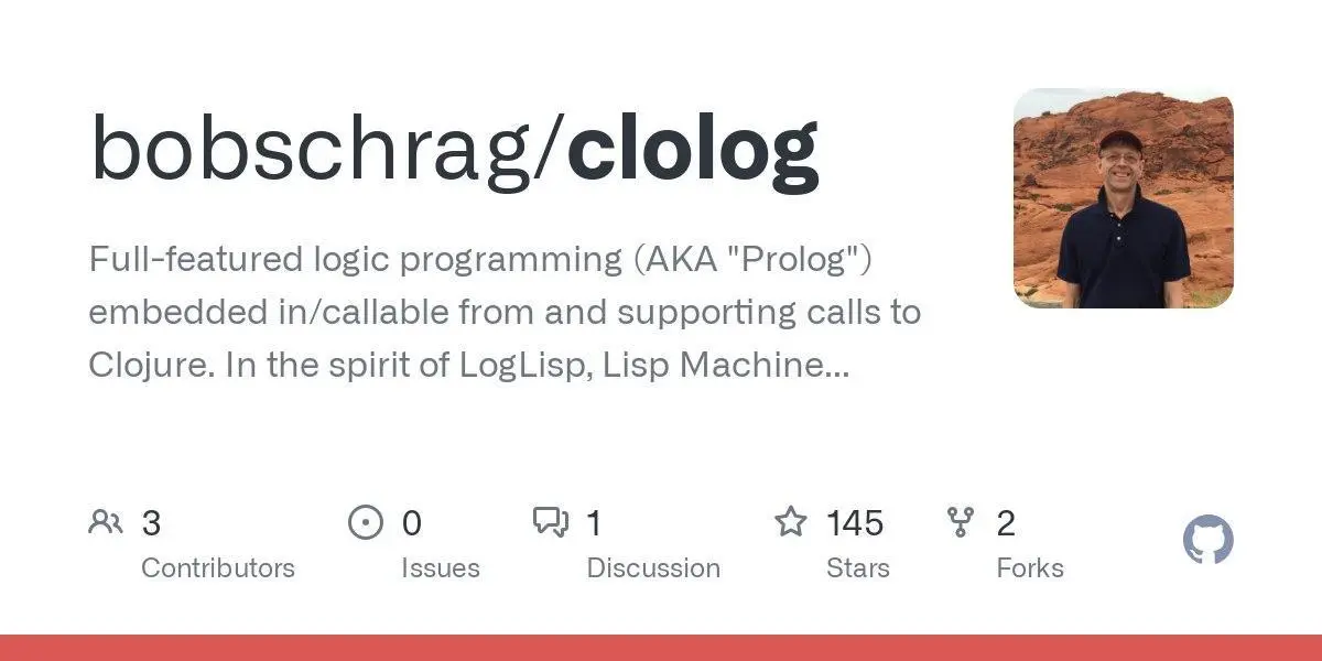 [bobschrag/clolog](https://github.com/bobschrag/clolog)
Full-featured logic programming (AKA "Prolog") embedded in/callable from and supporting calls to Clojure.  In the spirit of LogLisp, Lisp Machine Prolog, and Franz Inc.'s Allegro Prolog, with some extra goodies.
**Language:**Clojure
**Total stars:** 145
**Stars trend:**
`15 Apr 2025
 5pm ██▍ +19
 6pm ███▌ +28
 7pm ██▍ +19
 8pm █▍ +11
 9pm █ +8`
#clojure
