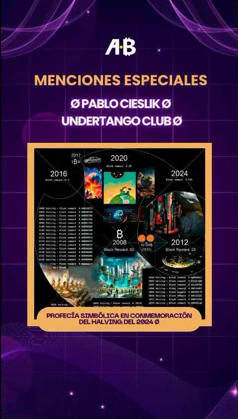 «Ø Profecía simbólica en conmemoración del halving del 2024 Ø»

Mención especial en el Open Call «Ponele tu Arte al Halving 2024» organizado por la ONG Bitcoin Argentina.

Se adjunta la obra original (1080x1080 px)

Más info: https://www.youtube.com/watch?v=hadflKA9x6M

==

"Ø Symbolic Prophecy in Commemoration of the 2024 Halving Ø"

Special mention in the Open Call "Put Your Art on the 2024 Halving" organized by the Bitcoin Argentina NGO.

The original work is attached (1080x1080 px)

More inf...