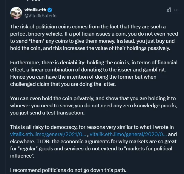 Vitalik views markets as a thing to use for some higher goal and discard when you don't like what they produce. Markets are just freedom of speech which is more foundational morally than democracy itself.

Stop the arbitrary power politicians have, not expressions of it's value

It's like making someone a king and then worrying about people convincing the king to do dumb stuff. How about limitations on the power of the king
