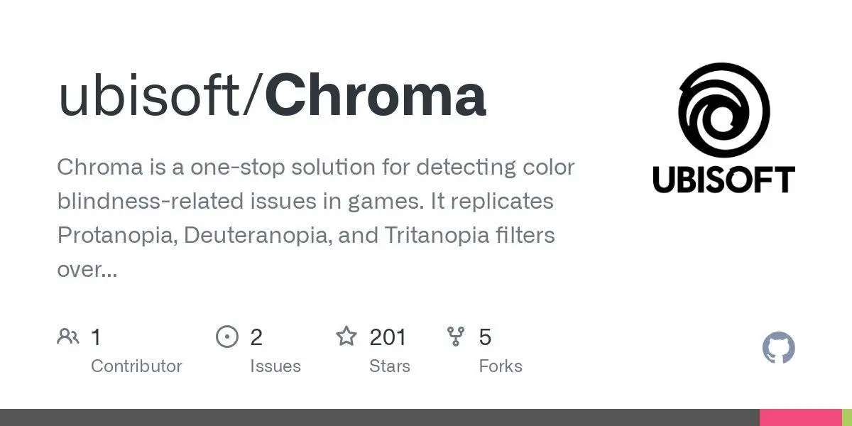 [ubisoft/Chroma](https://github.com/ubisoft/Chroma)
Chroma is a one-stop solution for detecting color blindness-related issues in games. It replicates Protanopia, Deuteranopia, and Tritanopia filters over the game screen, helping users flag accessibility concerns in real-time.
**Language:**C
**Total stars:** 201
**Stars trend:**
`15 Apr 2025
11am █▏ +9
12pm ▉ +7
 1pm █▎ +10
 2pm █▊ +14
 3pm ███ +24
 4pm ██▍ +19`
#c