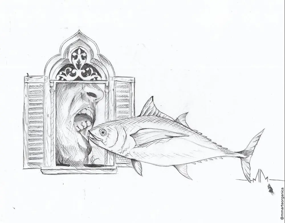 "Fish dies through its mouth" Illustration - Peixe Collection.

Continuing with metaphors, this is a popular saying in Brazil.

Hand drawn. Illustration - the principle of ideas.

#illustration #sketch #penonpaper #authorialdrawing #tattoo #nft #paintingoncanvas #streetart #muralism