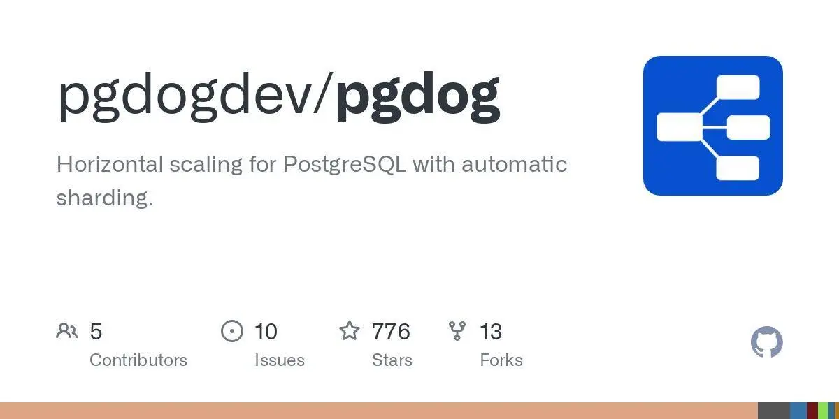 [pgdogdev/pgdog](https://github.com/pgdogdev/pgdog)
Horizontal scaling for PostgreSQL with automatic sharding.
**Language:**Rust
**Total stars:** 776
**Stars trend:**
`15 Apr 2025
 1pm ▏ +1
 2pm ▋ +5
 3pm ██ +16
 4pm ██▏ +17
 5pm ▉ +7
 6pm █▊ +14
 7pm ▋ +5
 8pm █▏ +9
 9pm ▊ +6
10pm ▌ +4`
#rust
#loadbalancer, #pooler, #postgresql, #rust, #sharding
