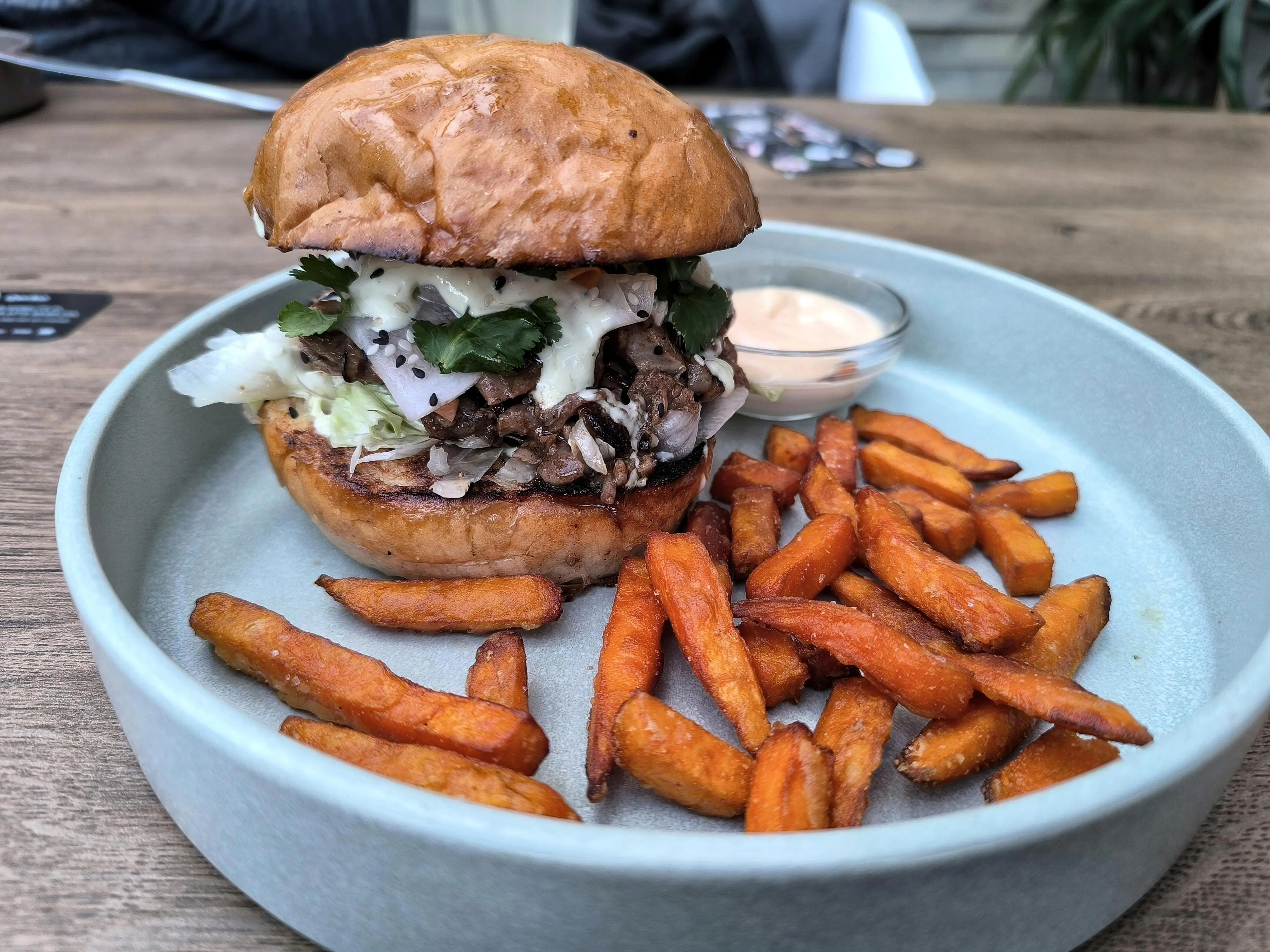 The hamburger I tried here in Šumperk today is called the Chinese hamburger. Why? I don't know, but it's really nice.
Pieces of pork in a bun with sauce and sweet potato.

