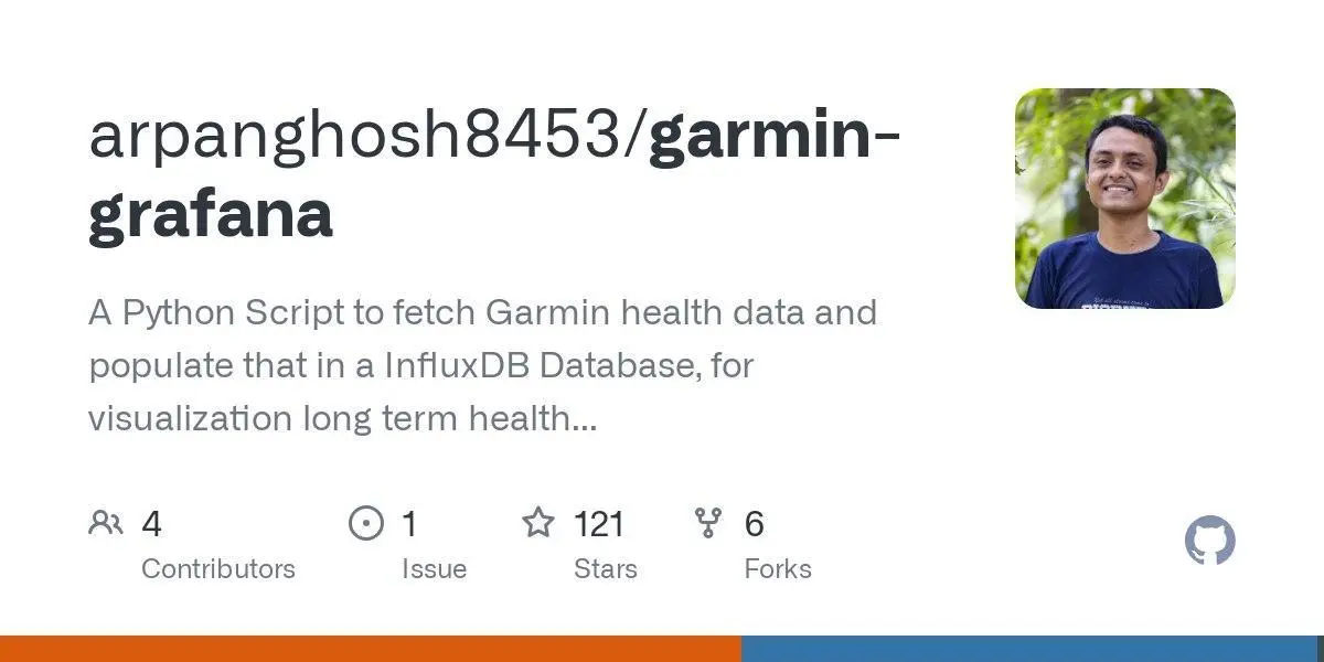 [arpanghosh8453/garmin-grafana](https://github.com/arpanghosh8453/garmin-grafana)
A Python Script to fetch Garmin health data and populate that in a InfluxDB Database, for visualization long term health trends with Grafana
**Language:**Jupyter Notebook
**Total stars:** 121
**Stars trend:**
`15 Apr 2025
12am ▋ +5
 1am ▊ +6
 2am ▎ +2
 3am ▎ +2
 4am ▋ +5
 5am █▏ +9
 6am ▊ +6
 7am █▌ +12
 8am █▎ +10
 9am █▏ +9
10am ▉ +7
11am █▍ +11`
#jupyternotebook