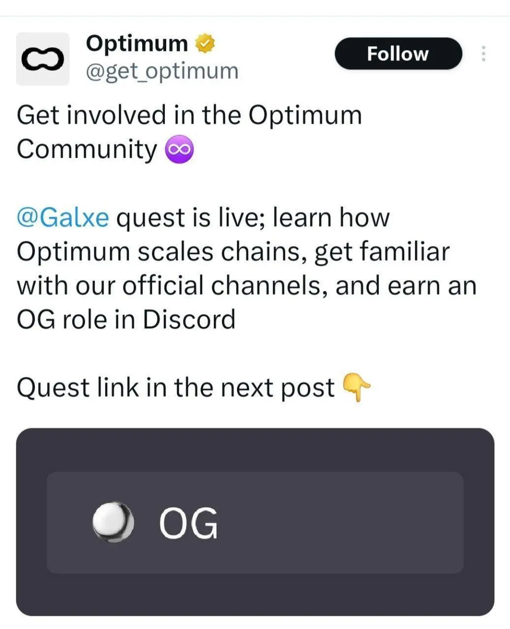🤝Get Optimum og role for all ( fcfs - limited time)

https://app.galxe.com/quest/EV7vtWNyWMLPyj9kcrYh7D/GCLNJt1CwW