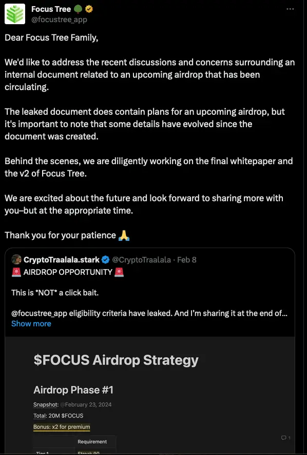 LOL there seems to be another $FOCUS coin built by Focus Tree App on Starknet, with an actual airdrop incoming 😂

we're going to cook on $FOCUS alright ahahah
