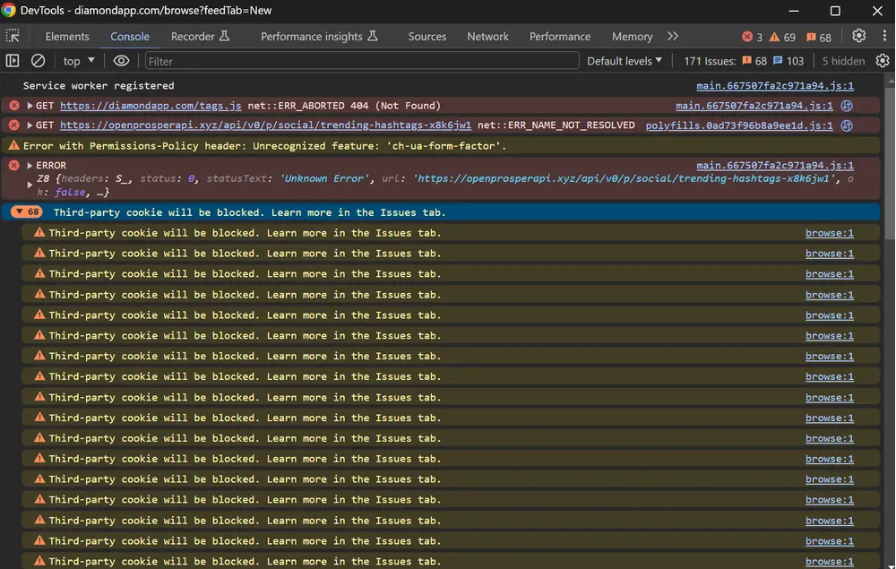 I've noticed an issue when using DiamondApp: I'm unable to view all the images on the platform. I'm not sure if I'm late to catch the news, but when I use DeSocialWorld, there are no such problems. 

Both platforms show the same console errors, but I'm still unsure why the images aren't displaying on DiamondApp. Can someone help me understand this?