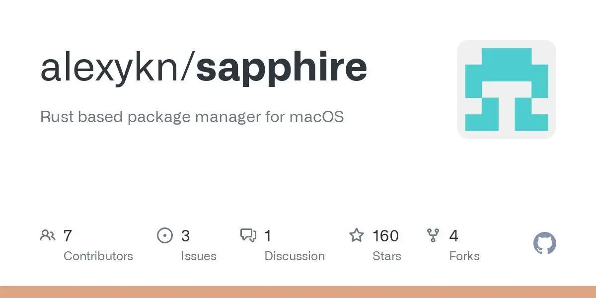 [alexykn/sapphire](https://github.com/alexykn/sapphire)
Rust based package manager for macOS
**Language:**Rust
**Total stars:** 160
**Stars trend:**
`22 Apr 2025
 4pm ▏ +1
 5pm  +0
 6pm ▉ +7
 7pm ████▎ +34
 8pm ██████ +48`
#rust
#brew, #homebrew, #macos, #packagemanagement, #packagemanager, #rust