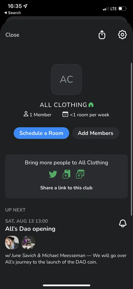 Mark your calendar Saturday at 1pm EST. All is having a club house Dao launch party. Come by and chat or just listen in.

https://www.clubhouse.com/club/all-clothing?utm_medium=ch_club&utm_campaign=XMFtynnP4oj2CNcFJ5J_ag-317554