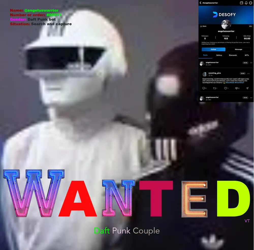 #00011
“Daft Punk Couple”
Wanted collection

https://nftz.me/nft/7bc27c3c7cdb2bfd54f0931b6fc1157722267121b5e86008d72c223afed66ca6
