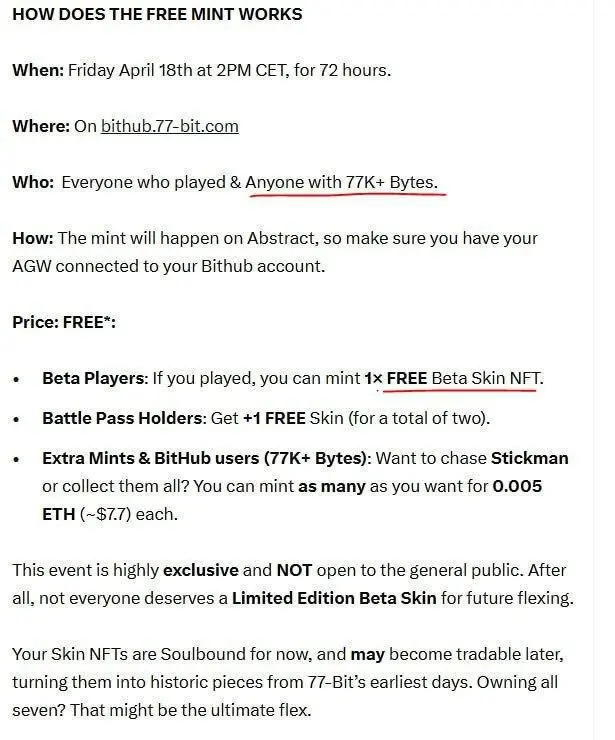 🔥🔥 Today free skin mint 
( 77bit - 3days time period)

• Those who have 77k bytes Will mint freee skin 
(check from here)
 https://bithub.77-bit.com/