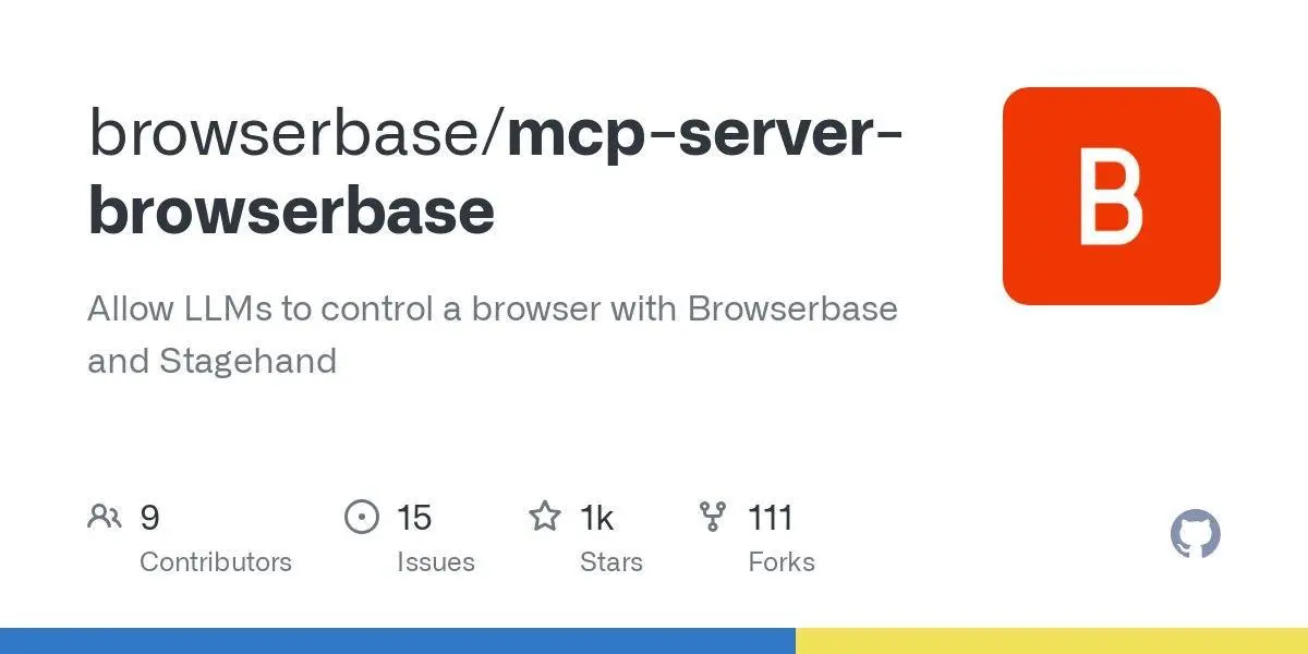 [browserbase/mcp-server-browserbase](https://github.com/browserbase/mcp-server-browserbase)
Allow LLMs to control a browser with Browserbase and Stagehand
**Language:**TypeScript
**Total stars:** 1080
**Stars trend:**
`22 Apr 2025
 4am ▍ +3
 5am ▎ +2
 6am ▏ +1
 7am ▍ +3
 8am ▍ +3
 9am ▉ +7
10am ▋ +5
11am ▋ +5
12pm ▎ +2
 1pm █▉ +15
 2pm ██▉ +23
 3pm ██ +16`
#typescript
#ai, #browser, #chrome, #chromium, #mcp, #playwright, #puppeteer