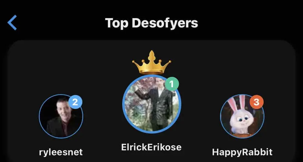 Our top three Desofyers until now 🔥

@ElrickErikose @ryleesnet @HappyRabbit 

Remember there will be prizes on Sunday!

Post and engage through the app to win some DeSo 🤑