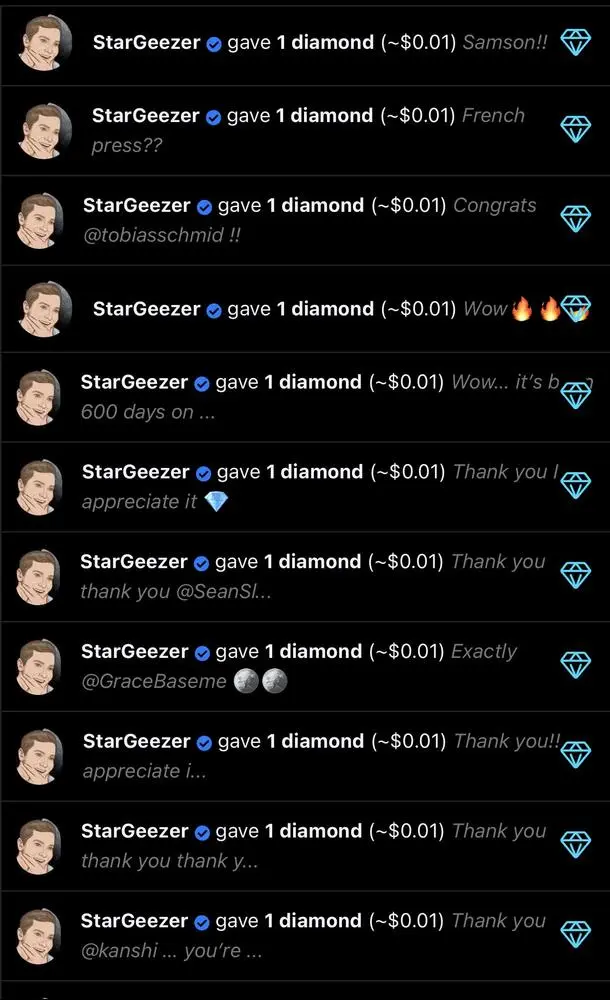 Wow it’s so lovely to open my notifications and see MASSES of diamonds on there from the great and grand diamonder, @StarGeezer 

💎💎💎💎💎

They just kept going and going!! 

Thank you thank you thank you💕