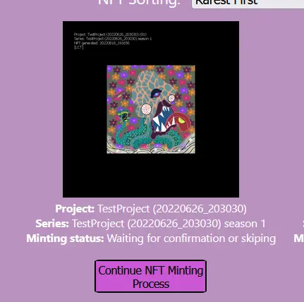 @osxzxso @PXP Sorry for the mint pass hiccup at start - now fixed, you should be able to continue minting process (confirm or skip), by going to "My NFTs" and "Continue..." by the NFTs you created earlier (screen from test app for illustration) 