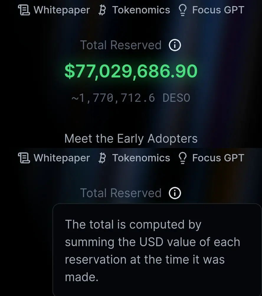 deso is currently at 18.04 USD.
focus reservations are currently worth:
31,943,655.30 USD
USD -let's say- re-allocated in focus reservations:
77,029,686.90 - 31,943,655.30 = 45,086,031.60 USD

does it finally make sense to you now why USDC was dropped as a reservation currency?
hint: it's not because it'd be "too confusing".

hocus pocus. #focus