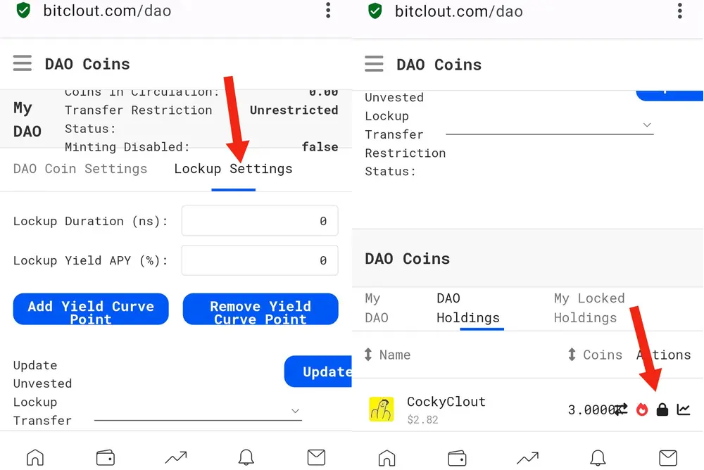 ❓
does anyone have some more insight about those dao coins "lockup settings", see red arrows in screenshots, at https://bitclout.com/dao ?
i am intrigued.
@lazynina